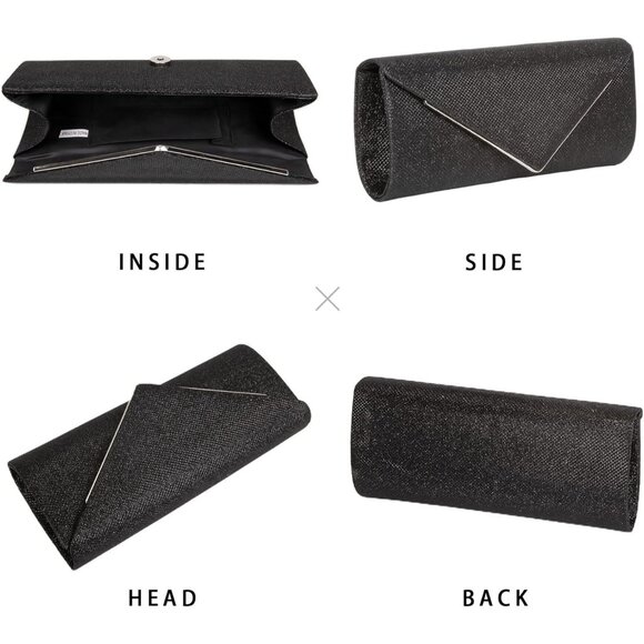 Women's Black Clutch Purses Sparkling Envelope Evening Bag with Detachable Chain - Picture 3 of 7